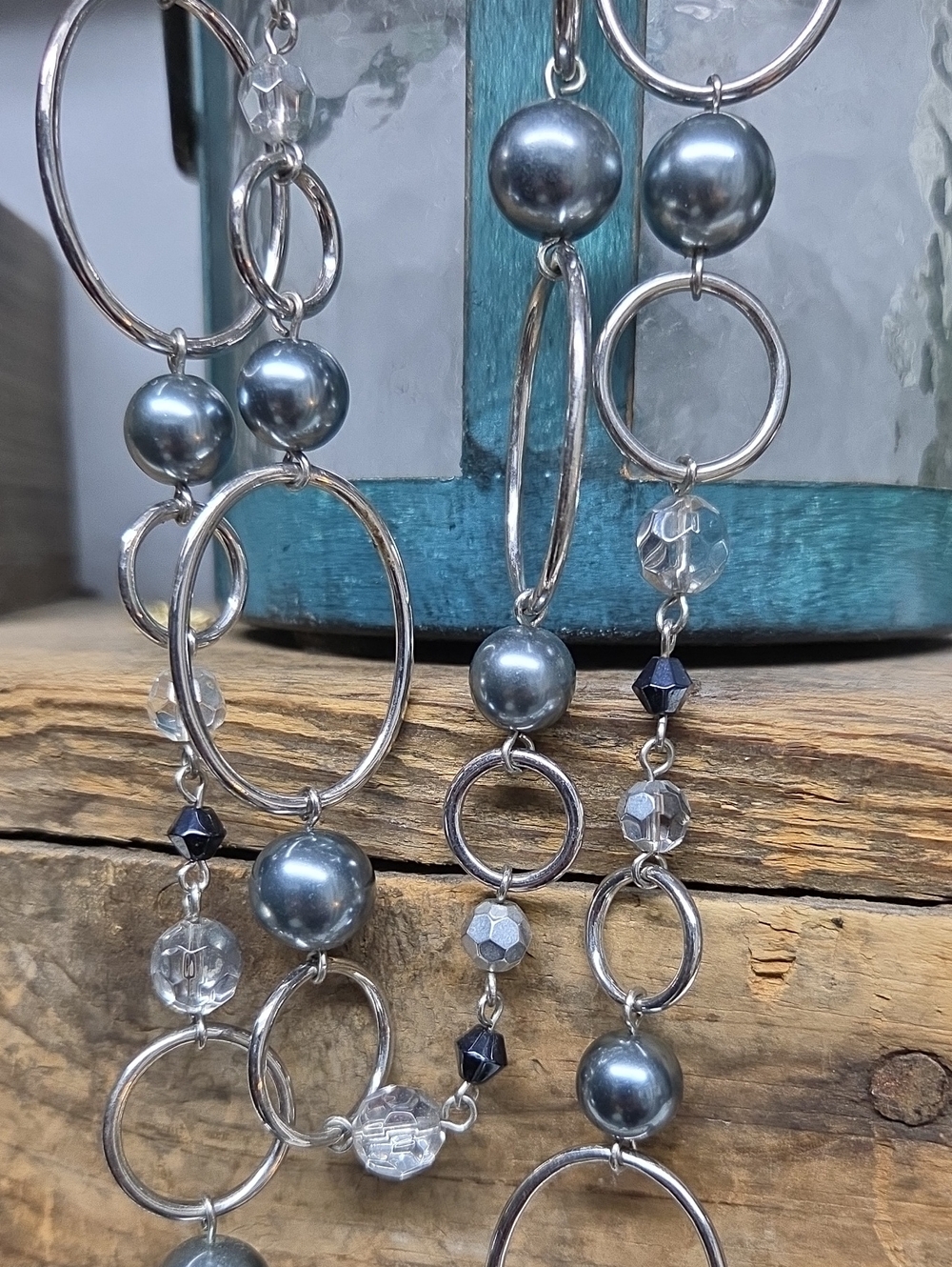 Vintage Lia Sophia Alpine Silver Tone Long Layering Necklace - Gray Pearl & Crys